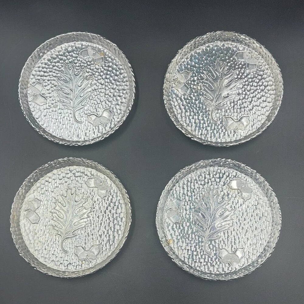 Set of 4 Vintage Hammered Aluminum Coasters West Bend Oak Leaf & Acorns Fall EUC
